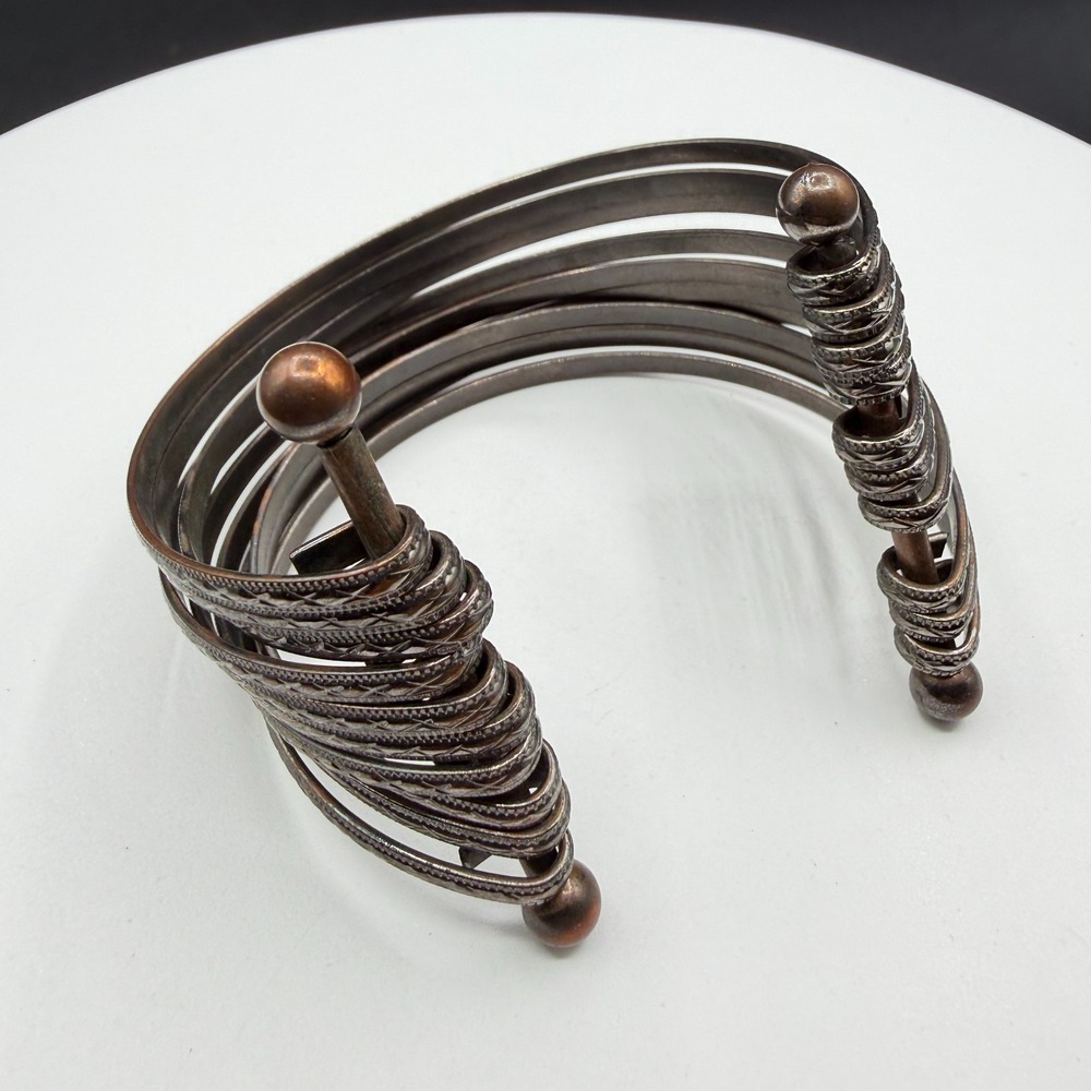 Silver Tone Wide Multi Band Cuff Bracelet Etched Boho Statement Open Bangle Gift